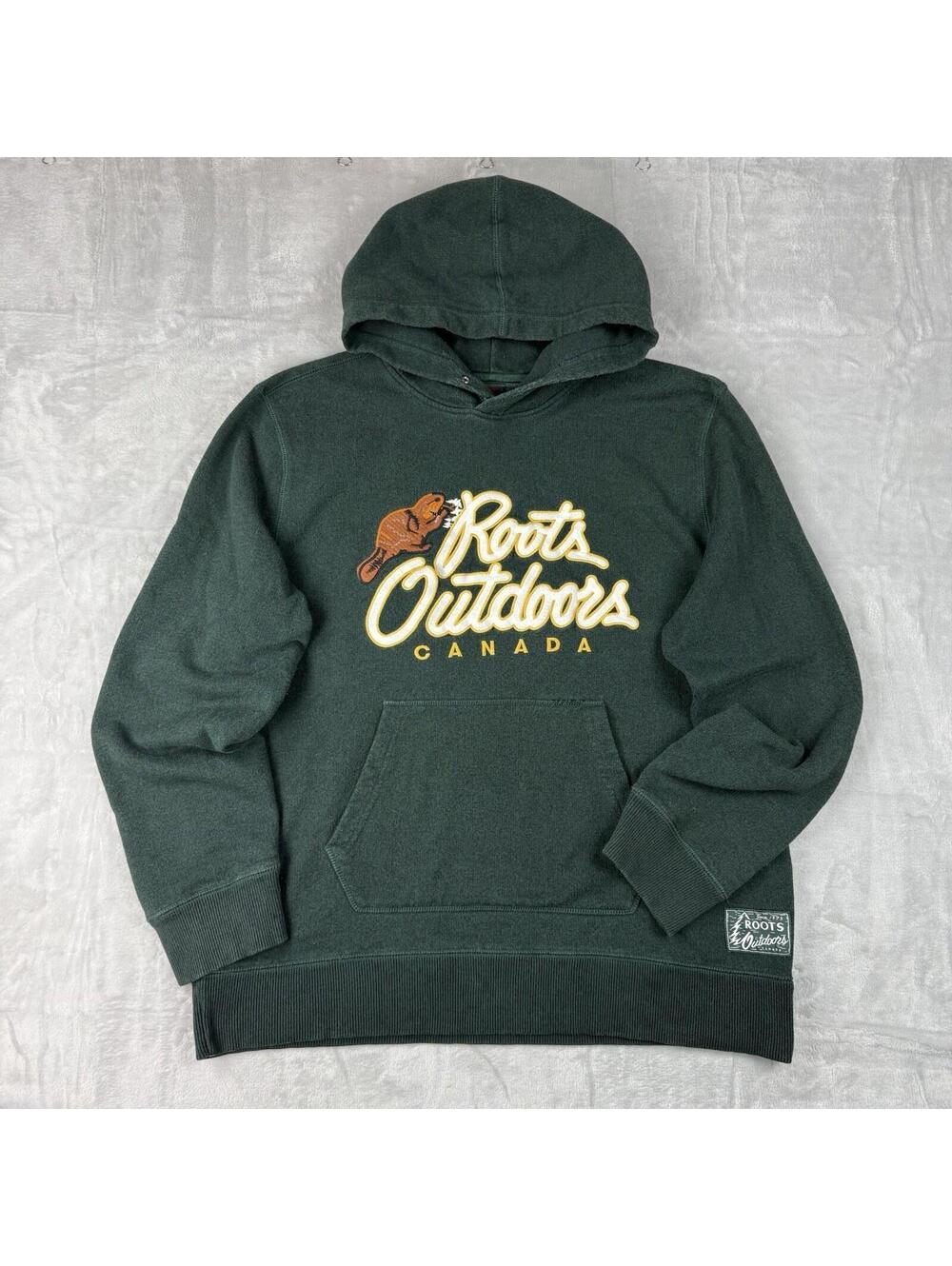 Roots Outdoors Canada Hoodie XXL Green Beaver Logo Big Embroidered Relax Fleece